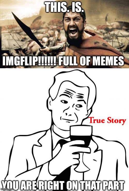 What imgflip is like to most users | THIS. IS. IMGFLIP!!!!!! FULL OF MEMES; YOU ARE RIGHT ON THAT PART | image tagged in this is sparta | made w/ Imgflip meme maker