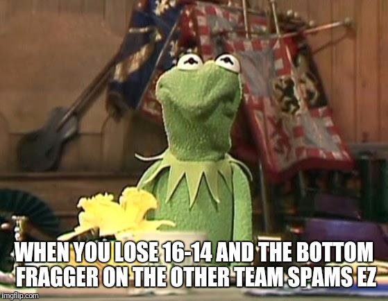 disgusted kermit | WHEN YOU LOSE 16-14 AND THE BOTTOM FRAGGER ON THE OTHER TEAM SPAMS EZ | image tagged in disgusted kermit | made w/ Imgflip meme maker