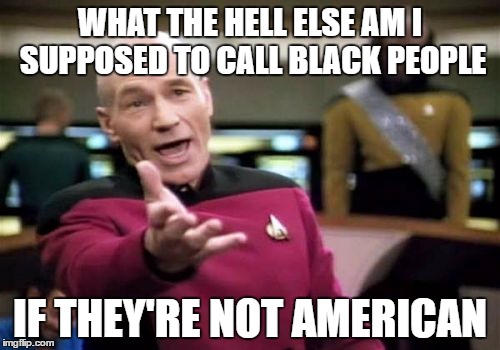 Picard Wtf Meme | WHAT THE HELL ELSE AM I SUPPOSED TO CALL BLACK PEOPLE; IF THEY'RE NOT AMERICAN | image tagged in memes,picard wtf,racism | made w/ Imgflip meme maker