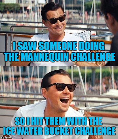 Leonardo Dicaprio Wolf Of Wall Street | I SAW SOMEONE DOING THE MANNEQUIN CHALLENGE; SO I HIT THEM WITH THE ICE WATER BUCKET CHALLENGE | image tagged in memes,leonardo dicaprio wolf of wall street | made w/ Imgflip meme maker