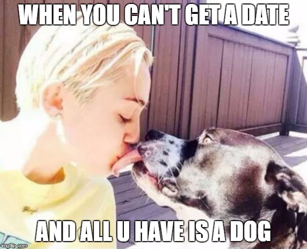 Miley Cyrus Dog | WHEN YOU CAN'T GET A DATE; AND ALL U HAVE IS A DOG | image tagged in miley cyrus dog | made w/ Imgflip meme maker