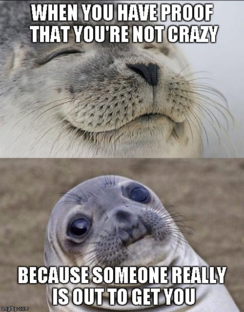 Ha! I'm NOT just paranoid! -- Oh, crap! I'm NOT just paranoid! | WHEN YOU HAVE PROOF THAT YOU'RE NOT CRAZY; BECAUSE SOMEONE REALLY IS OUT TO GET YOU | image tagged in memes,short satisfaction vs truth,paranoia,paranoid | made w/ Imgflip meme maker