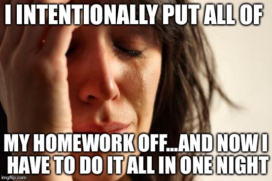 First World Problems Meme | I INTENTIONALLY PUT ALL OF; MY HOMEWORK OFF...AND NOW I HAVE TO DO IT ALL IN ONE NIGHT | image tagged in memes,first world problems | made w/ Imgflip meme maker