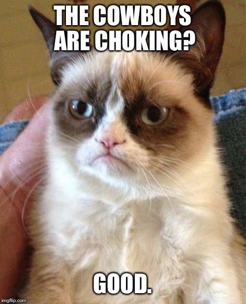 Grumpy Cat | THE COWBOYS ARE CHOKING? GOOD. | image tagged in memes,grumpy cat | made w/ Imgflip meme maker