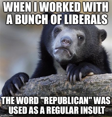 Confession Bear Meme | WHEN I WORKED WITH A BUNCH OF LIBERALS THE WORD "REPUBLICAN" WAS USED AS A REGULAR INSULT | image tagged in memes,confession bear | made w/ Imgflip meme maker