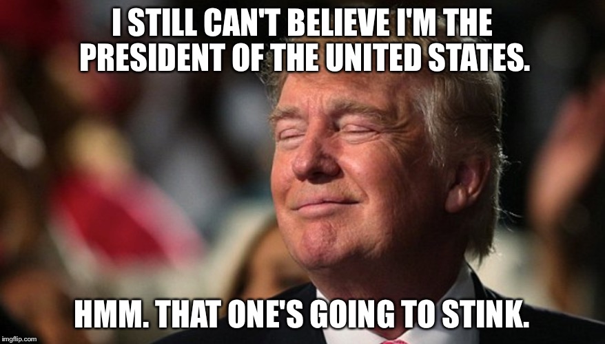 Trump | I STILL CAN'T BELIEVE I'M THE PRESIDENT OF THE UNITED STATES. HMM. THAT ONE'S GOING TO STINK. | image tagged in fart | made w/ Imgflip meme maker