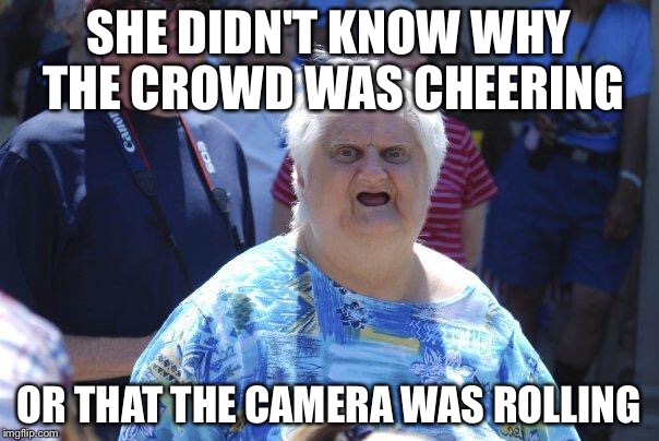 Tired of click bait | SHE DIDN'T KNOW WHY THE CROWD WAS CHEERING; OR THAT THE CAMERA WAS ROLLING | image tagged in wat lady,clickbait | made w/ Imgflip meme maker