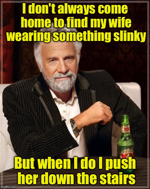 The Most Interesting Man In The World Meme | I don't always come home to find my wife wearing something slinky But when I do I push her down the stairs | image tagged in memes,the most interesting man in the world | made w/ Imgflip meme maker
