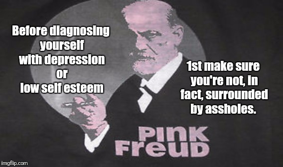 Asshole Effect | Before diagnosing yourself with depression or low self esteem; 1st make sure you're not, in fact, surrounded by assholes. | image tagged in sigmund freud,depression,self esteem,psychology | made w/ Imgflip meme maker