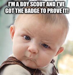 Skeptical Baby | I'M A BOY SCOUT AND I'VE GOT THE BADGE TO PROVE IT! | image tagged in memes,skeptical baby | made w/ Imgflip meme maker
