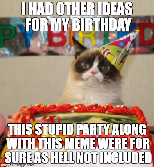 Grumpy Cat Birthday Meme | I HAD OTHER IDEAS FOR MY BIRTHDAY; THIS STUPID PARTY ALONG WITH THIS MEME WERE FOR SURE AS HELL NOT INCLUDED | image tagged in memes,grumpy cat birthday,grumpy cat | made w/ Imgflip meme maker