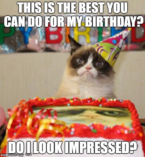 Grumpy Cat Birthday | THIS IS THE BEST YOU CAN DO FOR MY BIRTHDAY? DO I LOOK IMPRESSED? | image tagged in memes,grumpy cat birthday,grumpy cat | made w/ Imgflip meme maker