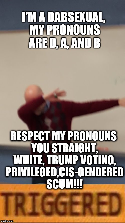Dabsexual | I'M A DABSEXUAL, MY PRONOUNS ARE D, A, AND B; RESPECT MY PRONOUNS YOU STRAIGHT, WHITE, TRUMP VOTING, PRIVILEGED,CIS-GENDERED SCUM!!! | image tagged in sjw | made w/ Imgflip meme maker
