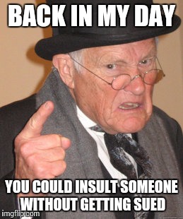 Insulting People: Then v Now | BACK IN MY DAY; YOU COULD INSULT SOMEONE WITHOUT GETTING SUED | image tagged in memes,back in my day | made w/ Imgflip meme maker