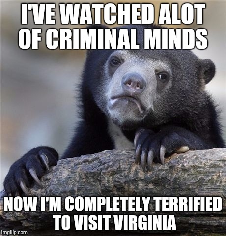 Confession Bear Meme | I'VE WATCHED ALOT OF CRIMINAL MINDS NOW I'M COMPLETELY TERRIFIED TO VISIT VIRGINIA | image tagged in memes,confession bear | made w/ Imgflip meme maker