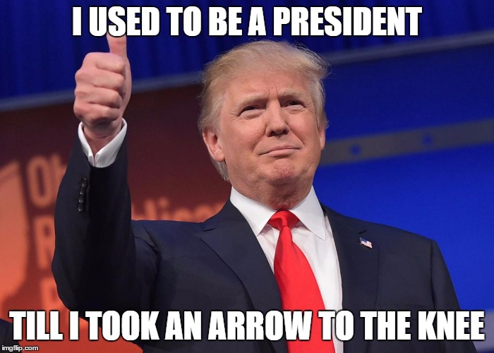 donald trump | I USED TO BE A PRESIDENT; TILL I TOOK AN ARROW TO THE KNEE | image tagged in donald trump | made w/ Imgflip meme maker