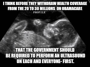 Obama care | I THINK BEFORE THEY WITHDRAW HEALTH COVERAGE FROM THE 20 TO 30 MILLIONS  ON OBAMACARE; THAT THE GOVERNMENT SHOULD BE REQUIRED TO PERFORM AN ULTRASOUND ON EACH AND EVERYONE- FIRST. | image tagged in obamacare,ultrasound | made w/ Imgflip meme maker