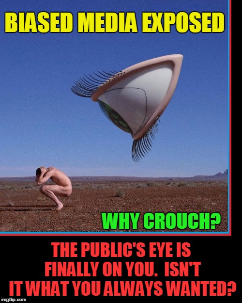 The Eyes Have It... | BIASED MEDIA EXPOSED; WHY CROUCH? THE PUBLIC'S EYE IS FINALLY ON YOU.  ISN'T IT WHAT YOU ALWAYS WANTED? | image tagged in liberal media,vince vance,the liberal media exposed,biased media,media lies,mainstream media | made w/ Imgflip meme maker