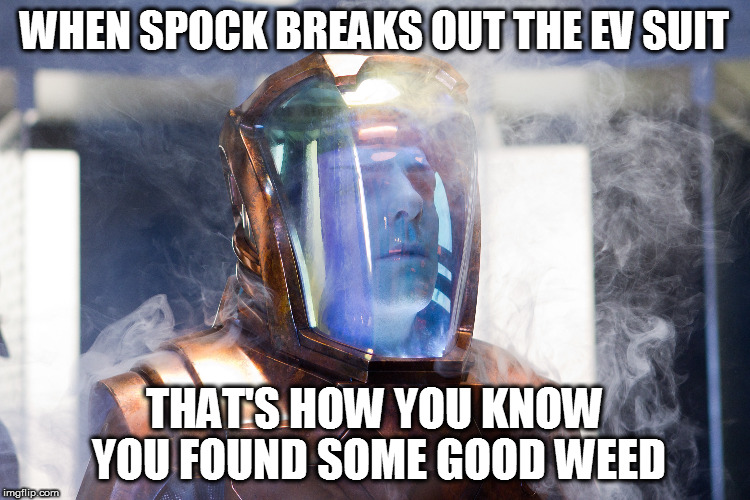 WHEN SPOCK BREAKS OUT THE EV SUIT; THAT'S HOW YOU KNOW YOU FOUND SOME GOOD WEED | image tagged in spock,star trek,smoking | made w/ Imgflip meme maker