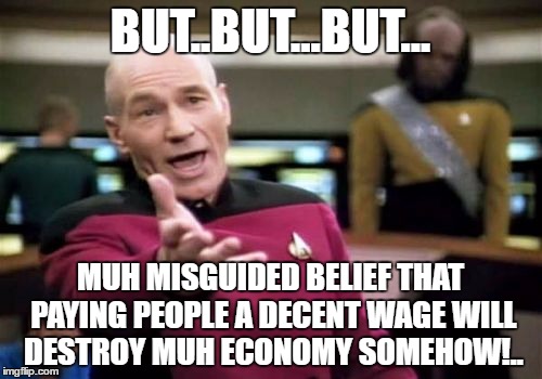 Picard Wtf Meme | BUT..BUT...BUT... MUH MISGUIDED BELIEF THAT PAYING PEOPLE A DECENT WAGE WILL DESTROY MUH ECONOMY SOMEHOW!.. | image tagged in memes,picard wtf | made w/ Imgflip meme maker