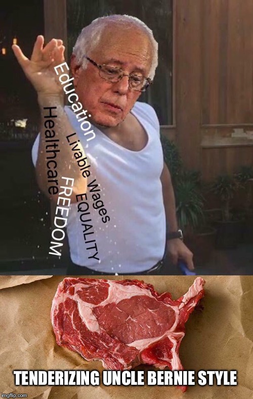 Political Tenderizing | TENDERIZING UNCLE BERNIE STYLE | image tagged in bernie sanders,tenderize,healthcare,education,equality,grill | made w/ Imgflip meme maker