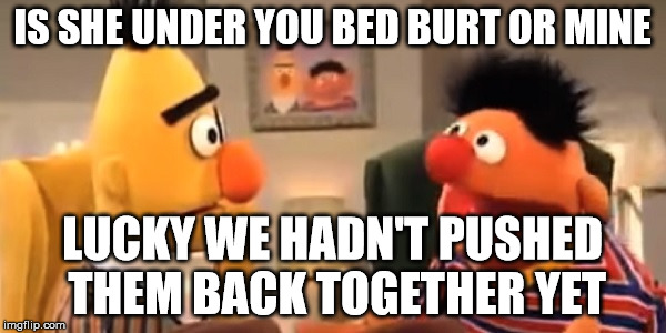 IS SHE UNDER YOU BED BURT OR MINE LUCKY WE HADN'T PUSHED THEM BACK TOGETHER YET | made w/ Imgflip meme maker