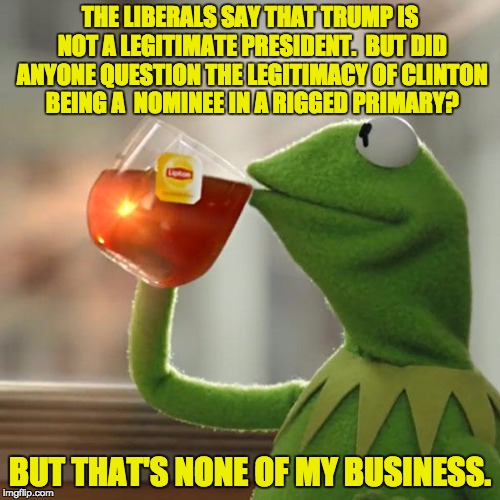 But That's None Of My Business | THE LIBERALS SAY THAT TRUMP IS NOT A LEGITIMATE PRESIDENT.  BUT DID ANYONE QUESTION THE LEGITIMACY OF CLINTON BEING A  NOMINEE IN A RIGGED PRIMARY? BUT THAT'S NONE OF MY BUSINESS. | image tagged in memes,but thats none of my business,kermit the frog | made w/ Imgflip meme maker