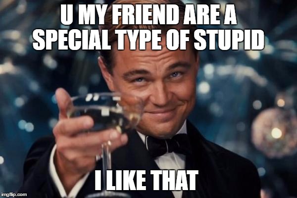 Leonardo Dicaprio Cheers Meme | U MY FRIEND ARE A SPECIAL TYPE OF STUPID; I LIKE THAT | image tagged in memes,leonardo dicaprio cheers | made w/ Imgflip meme maker