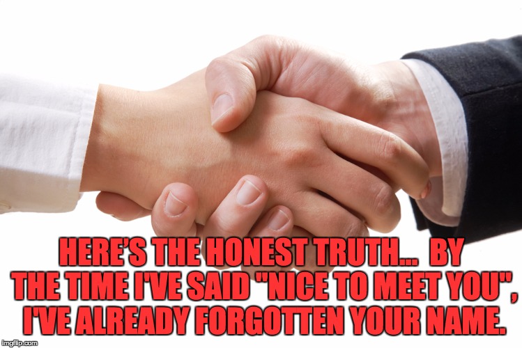 shaking hands | HERE’S THE HONEST TRUTH…  BY THE TIME I'VE SAID "NICE TO MEET YOU", I'VE ALREADY FORGOTTEN YOUR NAME. | image tagged in shaking hands | made w/ Imgflip meme maker