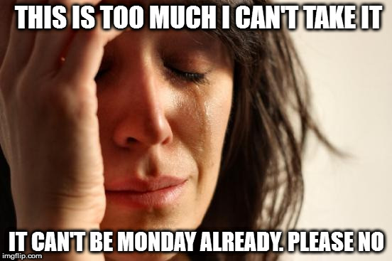 First World Problems Meme | THIS IS TOO MUCH I CAN'T TAKE IT; IT CAN'T BE MONDAY ALREADY. PLEASE NO | image tagged in memes,first world problems | made w/ Imgflip meme maker