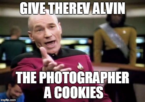 Picard Wtf Meme | GIVE THEREV ALVIN; THE PHOTOGRAPHER A COOKIES | image tagged in memes,picard wtf | made w/ Imgflip meme maker