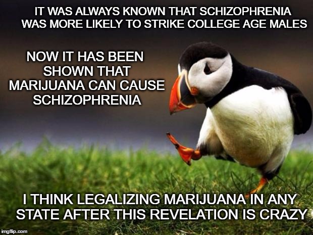 Unpopular Opinion Puffin Stopped Puffin | NOW IT HAS BEEN SHOWN THAT MARIJUANA CAN CAUSE SCHIZOPHRENIA; IT WAS ALWAYS KNOWN THAT SCHIZOPHRENIA WAS MORE LIKELY TO STRIKE COLLEGE AGE MALES; I THINK LEGALIZING MARIJUANA IN ANY STATE AFTER THIS REVELATION IS CRAZY | image tagged in memes,unpopular opinion puffin | made w/ Imgflip meme maker