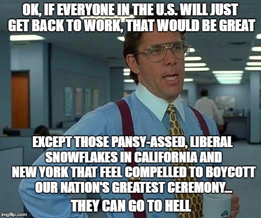 That Would Be Great Meme | OK, IF EVERYONE IN THE U.S. WILL JUST GET BACK TO WORK, THAT WOULD BE GREAT; EXCEPT THOSE PANSY-ASSED, LIBERAL SNOWFLAKES IN CALIFORNIA AND NEW YORK THAT FEEL COMPELLED TO BOYCOTT OUR NATION'S GREATEST CEREMONY... THEY CAN GO TO HELL | image tagged in memes,that would be great | made w/ Imgflip meme maker