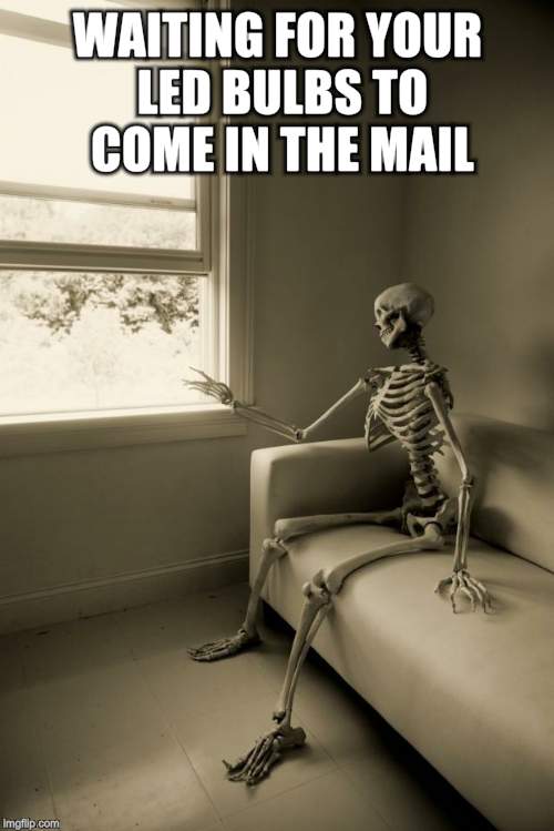 Skeleton Waiting | WAITING FOR YOUR LED BULBS TO COME IN THE MAIL | image tagged in skeleton waiting | made w/ Imgflip meme maker