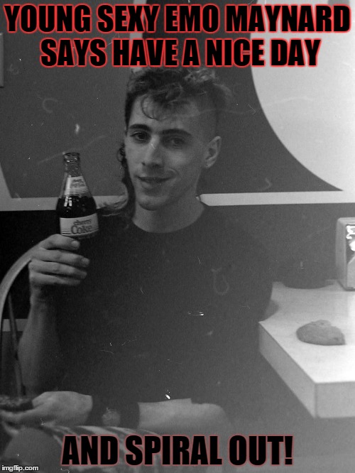 YOUNG SEXY EMO MAYNARD SAYS HAVE A NICE DAY; AND SPIRAL OUT! | image tagged in tool,maynard james keenan,spiral out | made w/ Imgflip meme maker