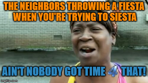 Would A Canadian Party Be Any Better? | THE NEIGHBORS THROWING A FIESTA WHEN YOU'RE TRYING TO SIESTA; AIN'T NOBODY GOT TIME        THAT! | image tagged in memes,aint nobody got time for that,mexican neighbors,mexican fiesta,siesta,i could go for some fajitas | made w/ Imgflip meme maker