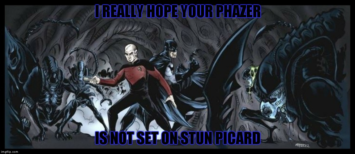 One of my favorite deviantart pics ever, good idea robroman! | I REALLY HOPE YOUR PHAZER; IS NOT SET ON STUN PICARD | image tagged in picard,batman,aliens | made w/ Imgflip meme maker