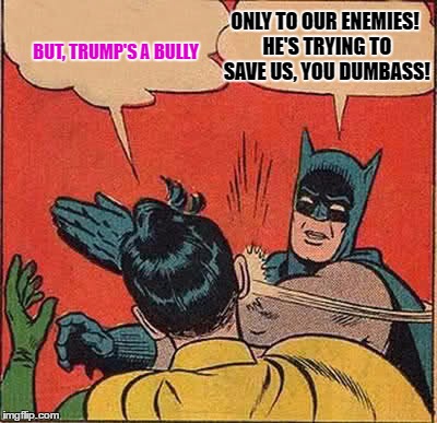 Batman Slapping Robin | ONLY TO OUR ENEMIES! HE'S TRYING TO SAVE US, YOU DUMBASS! BUT, TRUMP'S A BULLY | image tagged in memes,batman slapping robin | made w/ Imgflip meme maker