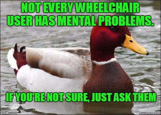What in the actual duck? | NOT EVERY WHEELCHAIR USER HAS MENTAL PROBLEMS. IF YOU'RE NOT SURE, JUST ASK THEM | image tagged in make actual bad advice mallard | made w/ Imgflip meme maker