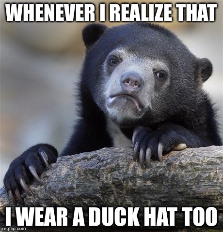 Confession Bear Meme | WHENEVER I REALIZE THAT I WEAR A DUCK HAT TOO | image tagged in memes,confession bear | made w/ Imgflip meme maker