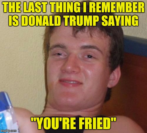 He said it like it was a bad thing | THE LAST THING I REMEMBER IS DONALD TRUMP SAYING; "YOU'RE FRIED" | image tagged in memes,10 guy,donald trump,you're fired | made w/ Imgflip meme maker