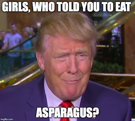 Asparagus | GIRLS, WHO TOLD YOU TO EAT; ASPARAGUS? | image tagged in asparagus,donald trump,pee,bobcrespodotcom,girls | made w/ Imgflip meme maker