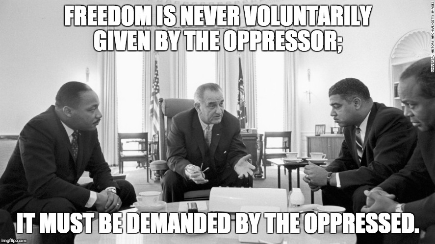 Martin Luther King Jr - Freedom | FREEDOM IS NEVER VOLUNTARILY GIVEN BY THE OPPRESSOR;; IT MUST BE DEMANDED BY THE OPPRESSED. | image tagged in mlk jr,lbj,president,civil rights,oppression | made w/ Imgflip meme maker