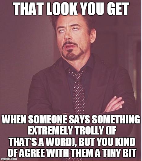 Face You Make Robert Downey Jr Meme | THAT LOOK YOU GET WHEN SOMEONE SAYS SOMETHING EXTREMELY TROLLY (IF THAT'S A WORD), BUT YOU KIND OF AGREE WITH THEM A TINY BIT | image tagged in memes,face you make robert downey jr | made w/ Imgflip meme maker