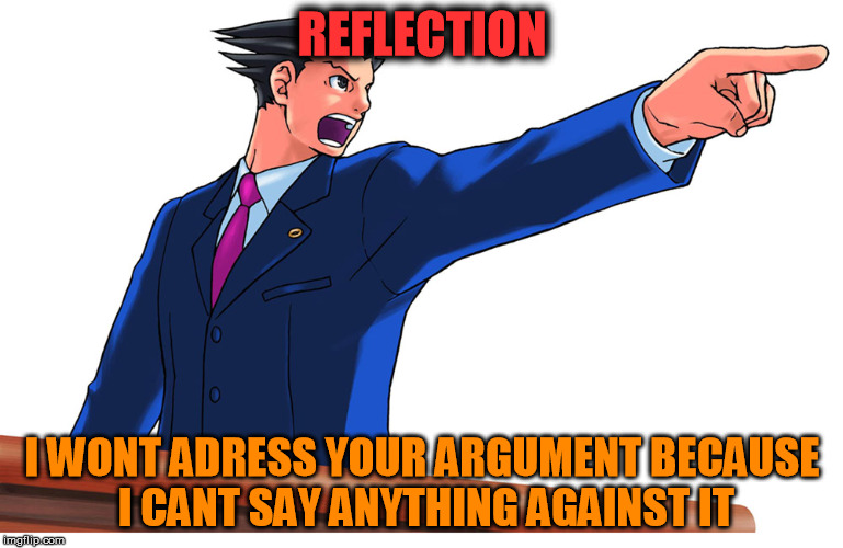 REFLECTION; I WONT ADRESS YOUR ARGUMENT BECAUSE I CANT SAY ANYTHING AGAINST IT | image tagged in phoenix wright | made w/ Imgflip meme maker