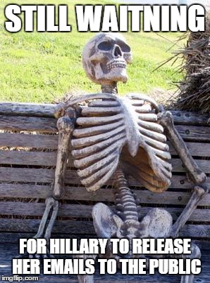 Waiting Skeleton | STILL WAITNING; FOR HILLARY TO RELEASE HER EMAILS TO THE PUBLIC | image tagged in memes,waiting skeleton | made w/ Imgflip meme maker