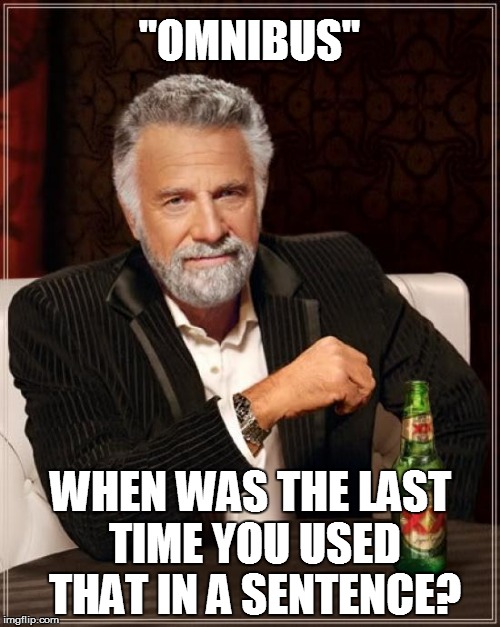 Inquiring minds want to know | "OMNIBUS"; WHEN WAS THE LAST TIME YOU USED THAT IN A SENTENCE? | image tagged in memes,the most interesting man in the world | made w/ Imgflip meme maker