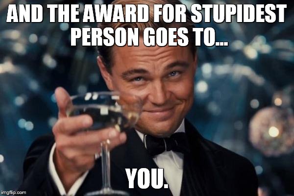 Leonardo Dicaprio Cheers Meme | AND THE AWARD FOR STUPIDEST PERSON GOES TO... YOU. | image tagged in memes,leonardo dicaprio cheers | made w/ Imgflip meme maker