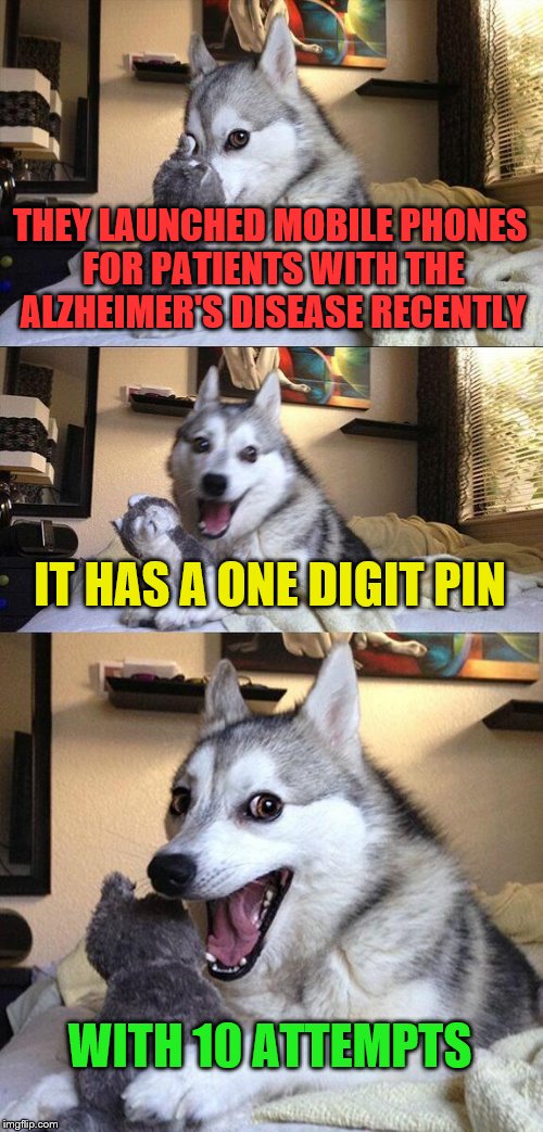 Bad Pun Dog | THEY LAUNCHED MOBILE PHONES FOR PATIENTS WITH THE ALZHEIMER'S DISEASE RECENTLY; IT HAS A ONE DIGIT PIN; WITH 10 ATTEMPTS | image tagged in memes,bad pun dog | made w/ Imgflip meme maker