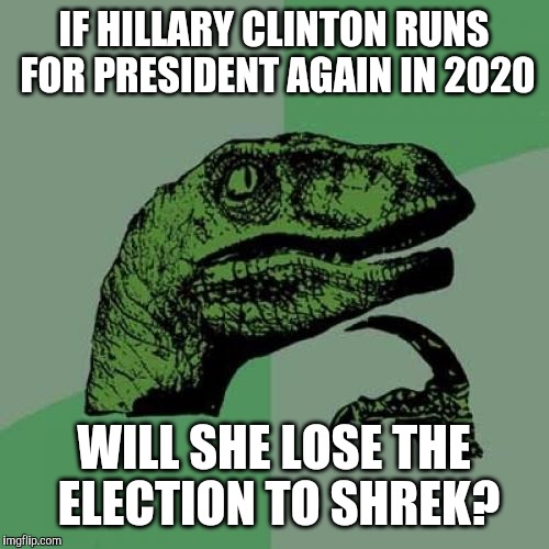 hope you people understand the reference  | IF HILLARY CLINTON RUNS FOR PRESIDENT AGAIN IN 2020; WILL SHE LOSE THE ELECTION TO SHREK? | image tagged in memes,philosoraptor,hillary clinton,shrek,election 2020 | made w/ Imgflip meme maker
